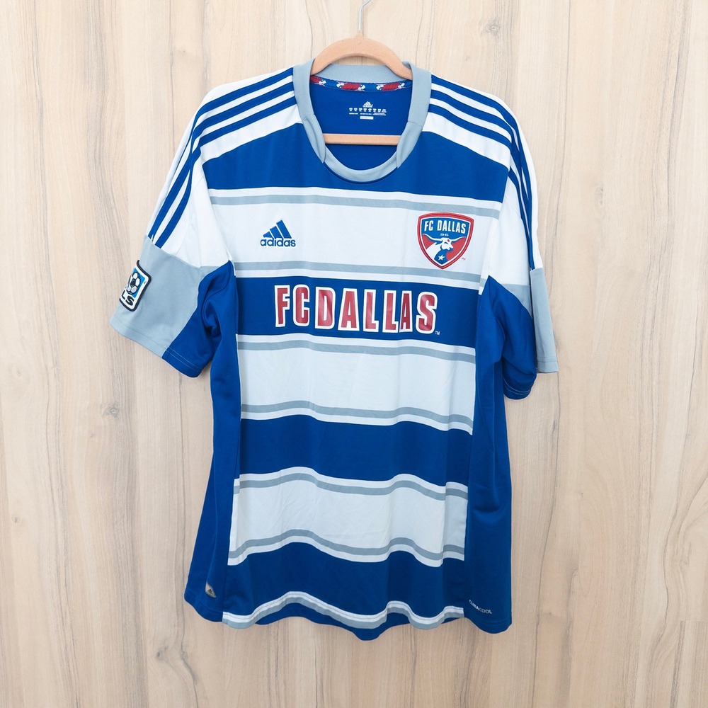 Adidas Mens FC Dallas Soccer Jersey 2XL Blue White Striped MLS Climacool Sporty